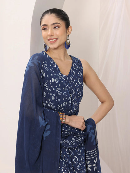 Libas Indigo Printed Cotton Straight Suit Set With Dupatta