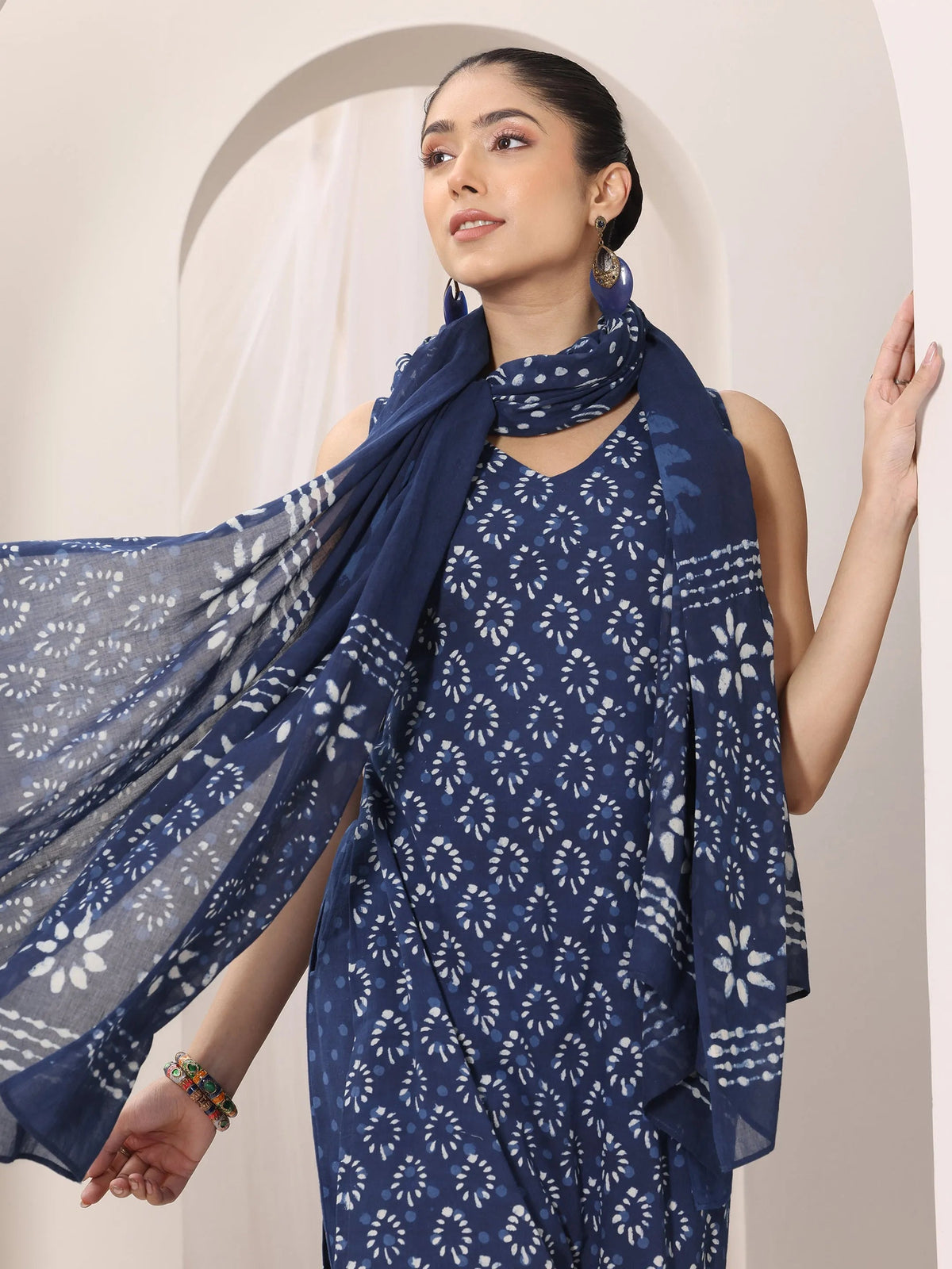 Libas Indigo Printed Cotton Straight Suit Set With Dupatta