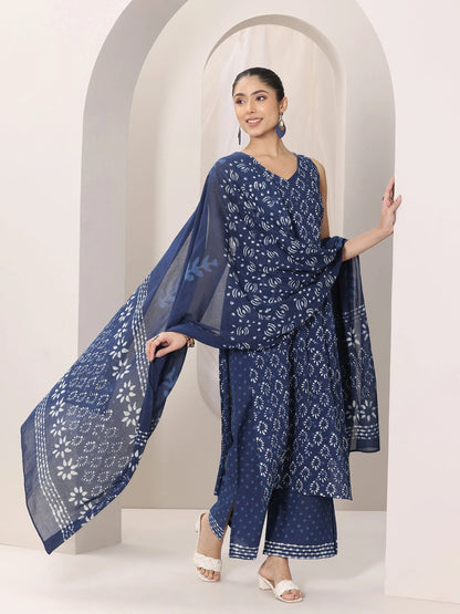 Libas Indigo Printed Cotton Straight Suit Set With Dupatta