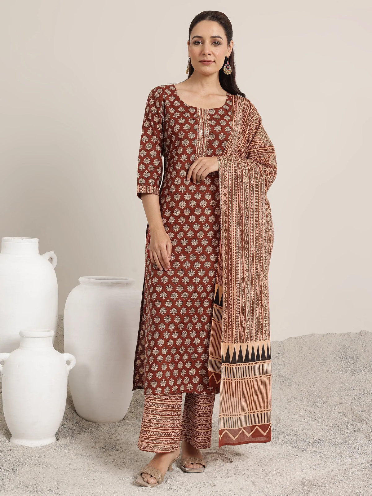 Libas Maroon Printed Cotton Straight Suit Set With Dupatta