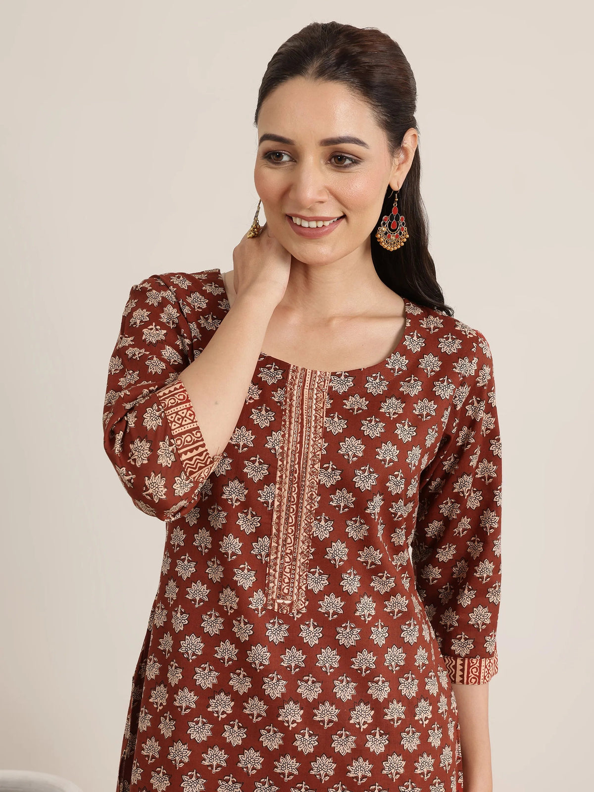 Libas Maroon Printed Cotton Straight Suit Set With Dupatta