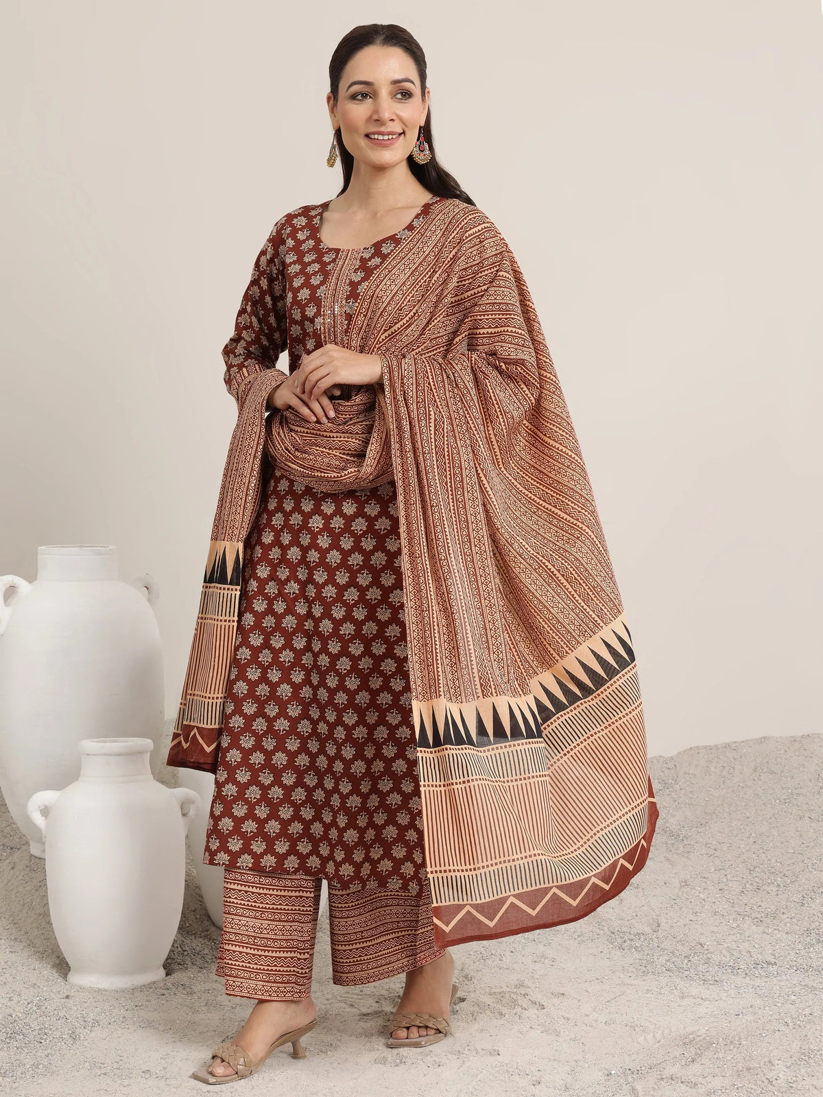 Libas Maroon Printed Cotton Straight Suit Set With Dupatta