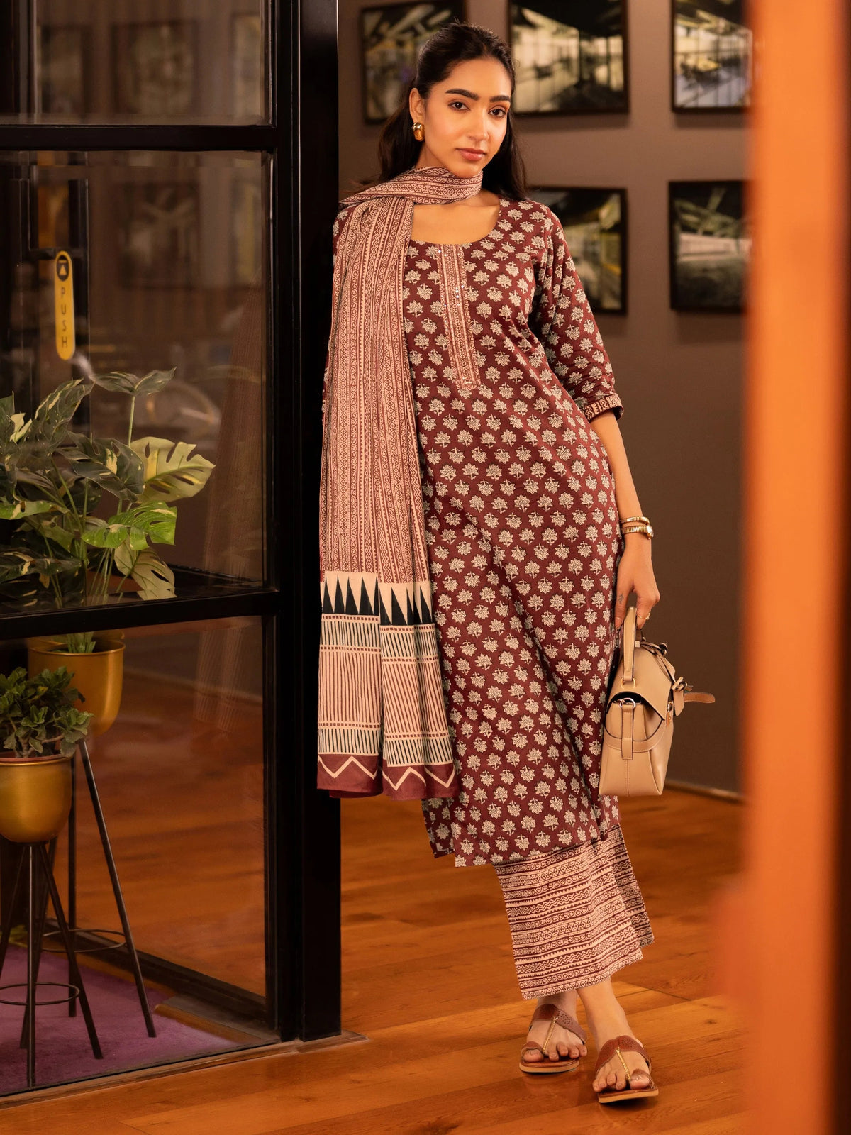Libas Maroon Printed Cotton Straight Suit Set With Dupatta