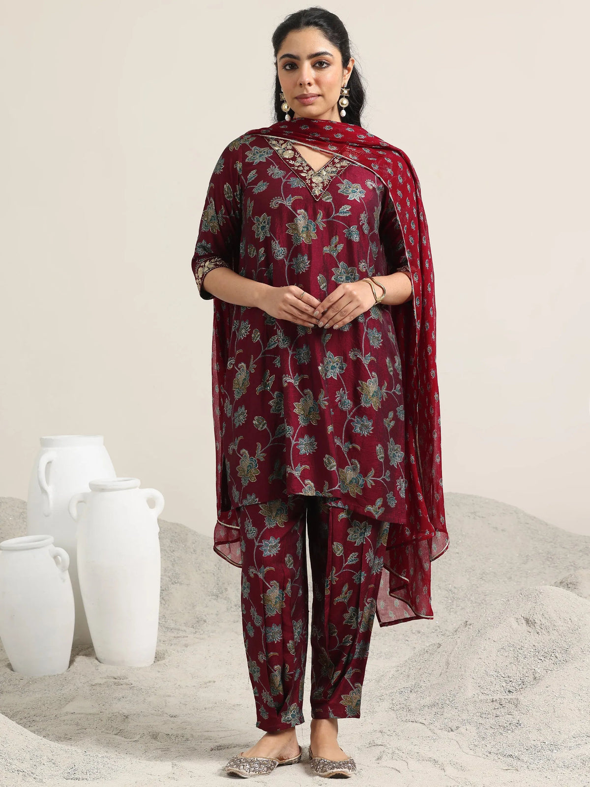 Libas Maroon Printed Silk Blend Straight Suit With Dupatta
