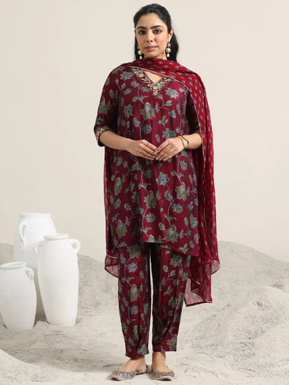 Libas Maroon Printed Silk Blend Straight Suit With Dupatta