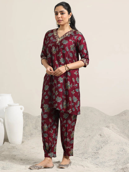Libas Maroon Printed Silk Blend Straight Suit With Dupatta