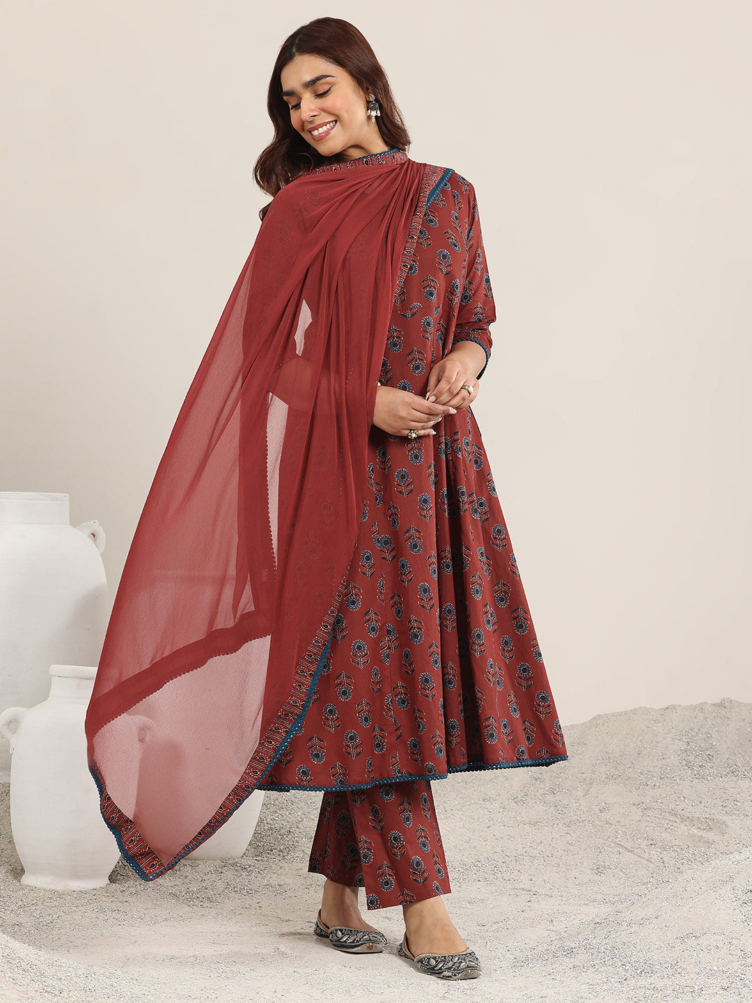 Libas Maroon Printed Cotton A-Line Suit With Dupatta