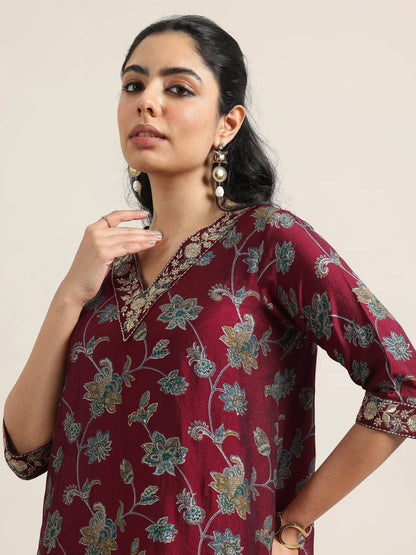 Libas Maroon Printed Silk Blend Straight Suit With Dupatta