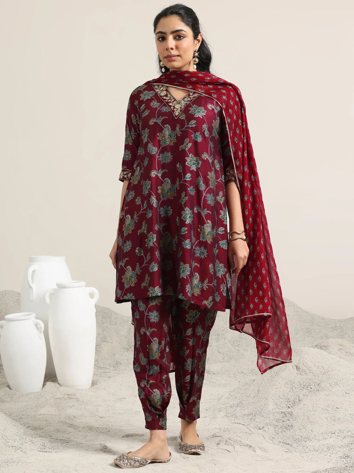 Libas Maroon Printed Silk Blend Straight Suit With Dupatta