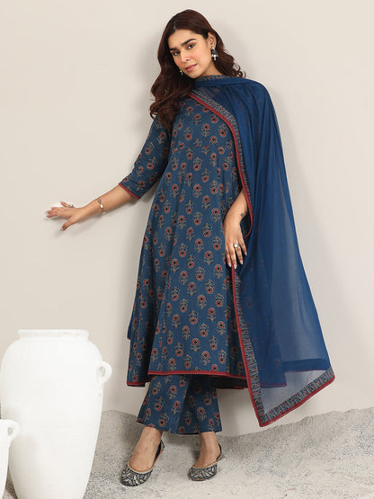 Libas Navy Blue Printed Cotton A-Line Suit With Dupatta