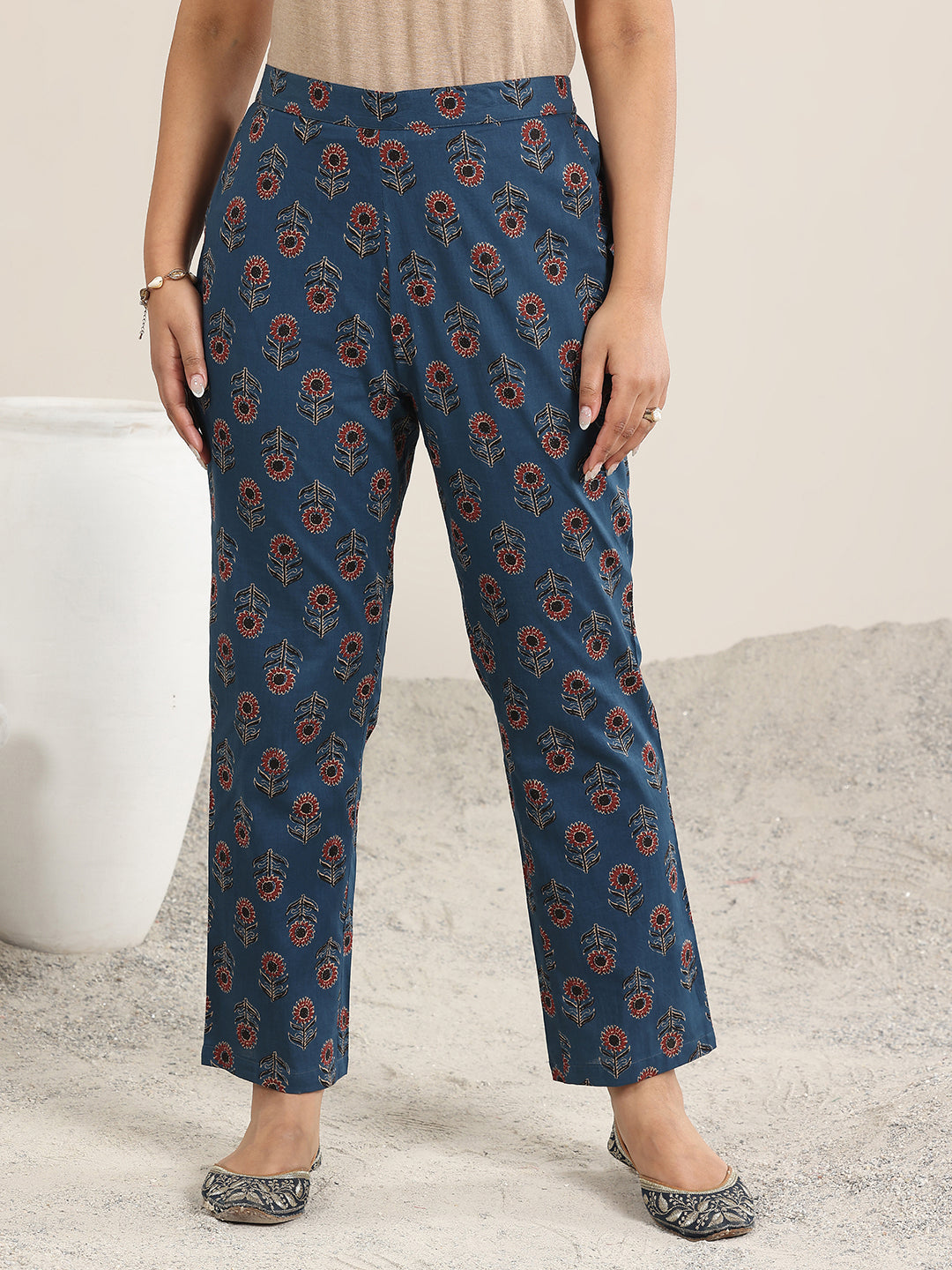Libas Navy Blue Printed Cotton A-Line Suit With Dupatta