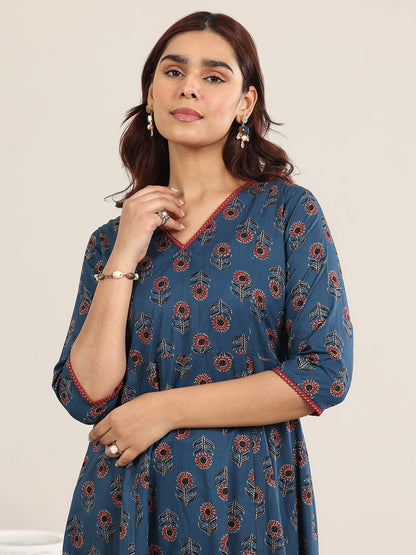 Libas Navy Blue Printed Cotton A-Line Suit With Dupatta