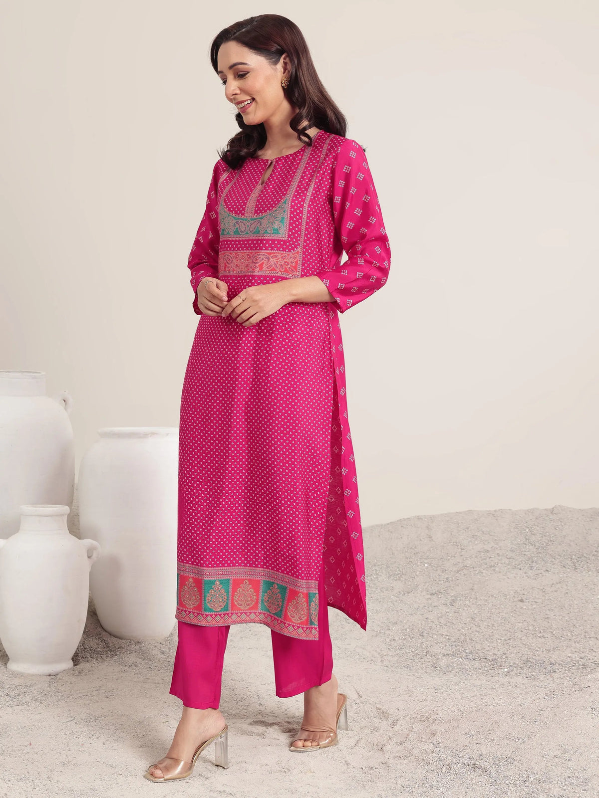 Libas Pink Printed Silk Blend Straight Suit Set With Dupatta