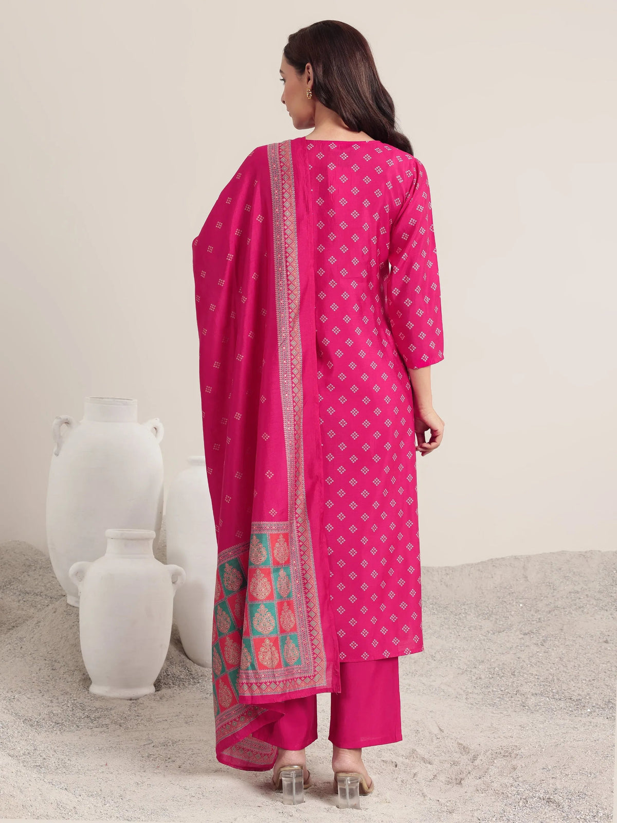 Libas Pink Printed Silk Blend Straight Suit Set With Dupatta