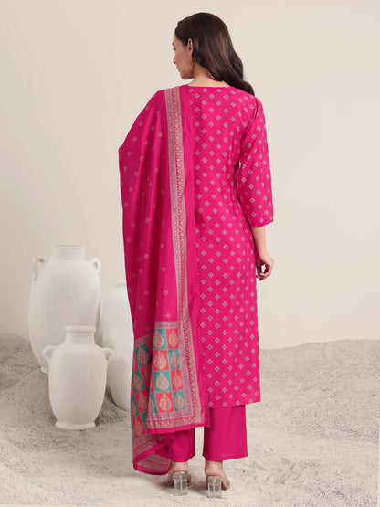 Libas Pink Printed Silk Blend Straight Suit Set With Dupatta