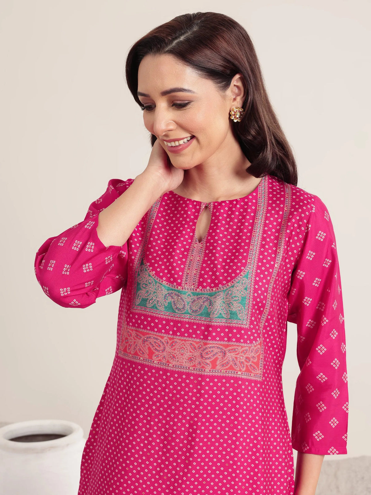 Libas Pink Printed Silk Blend Straight Suit Set With Dupatta
