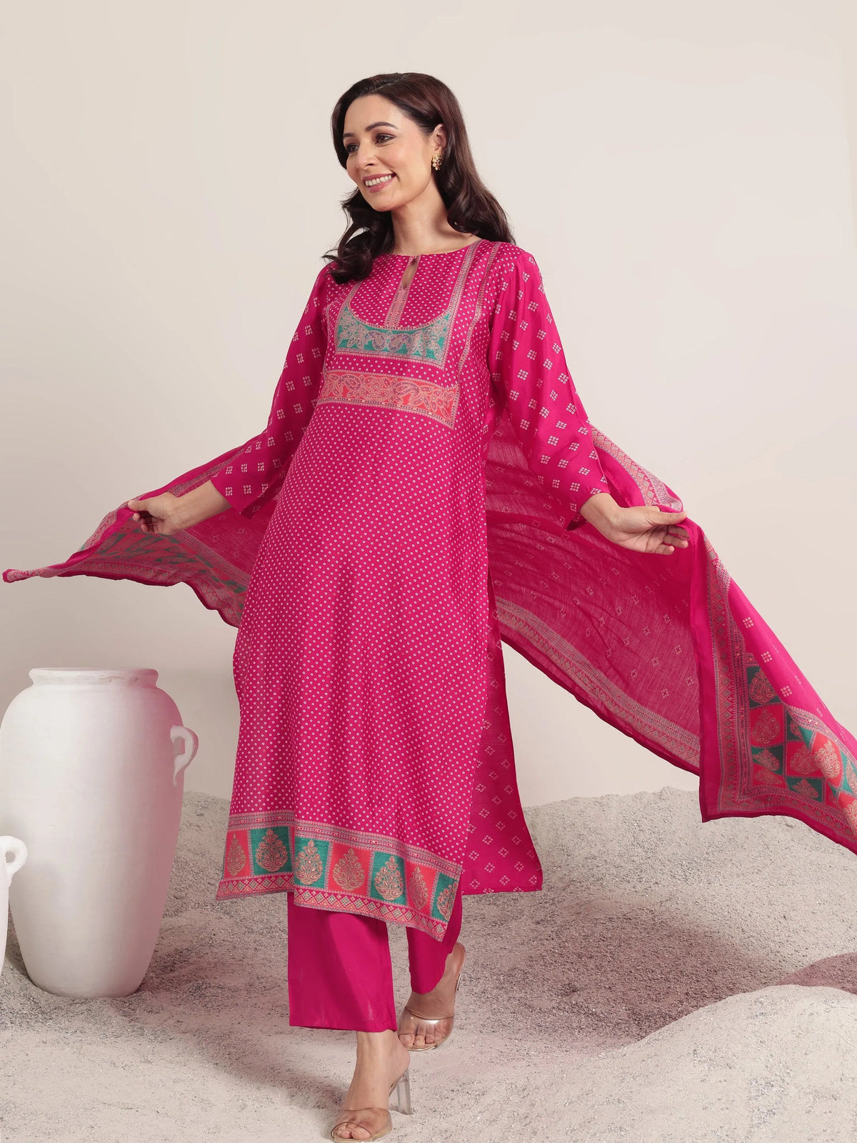 Libas Pink Printed Silk Blend Straight Suit Set With Dupatta