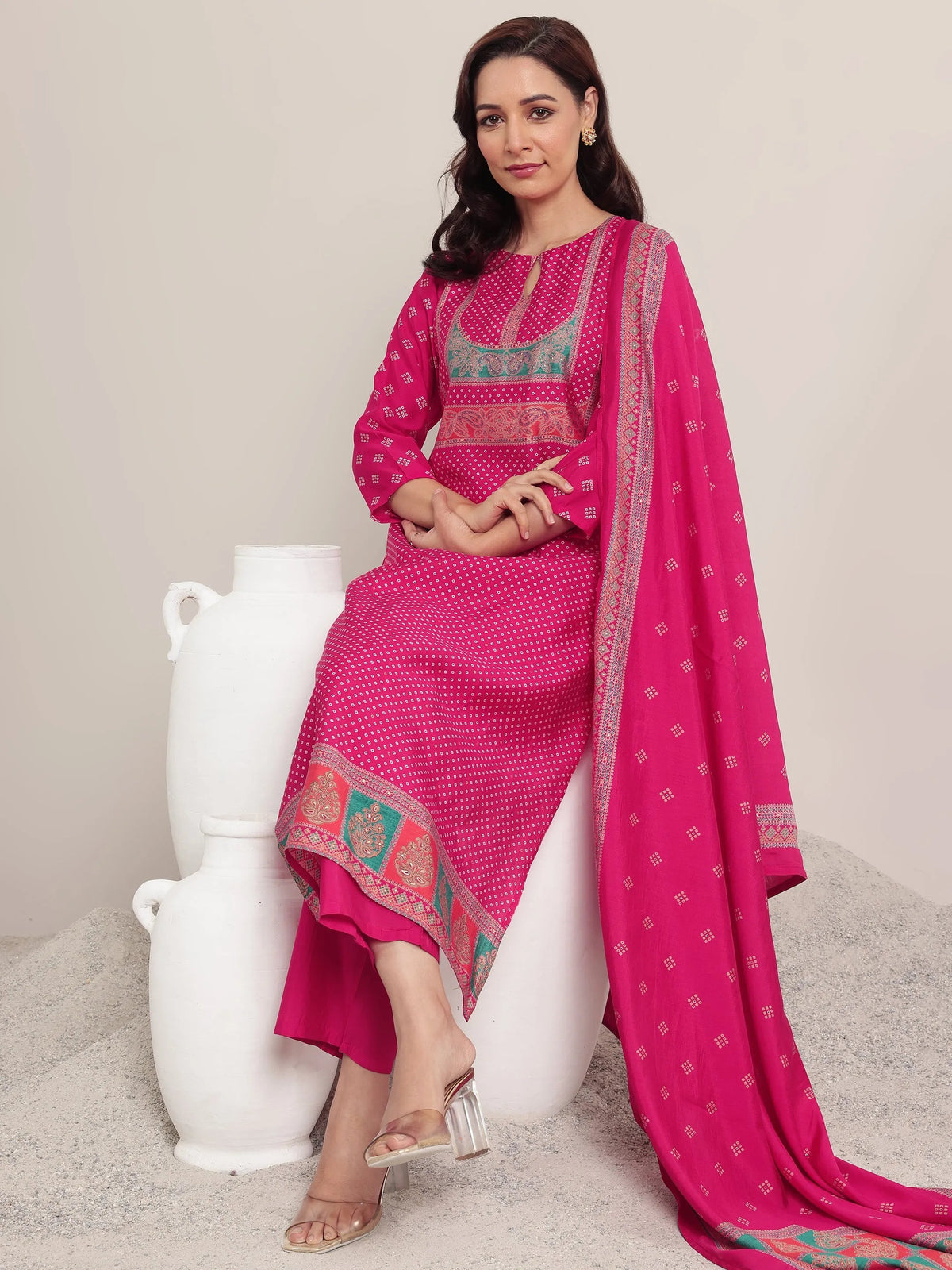 Libas Pink Printed Silk Blend Straight Suit Set With Dupatta