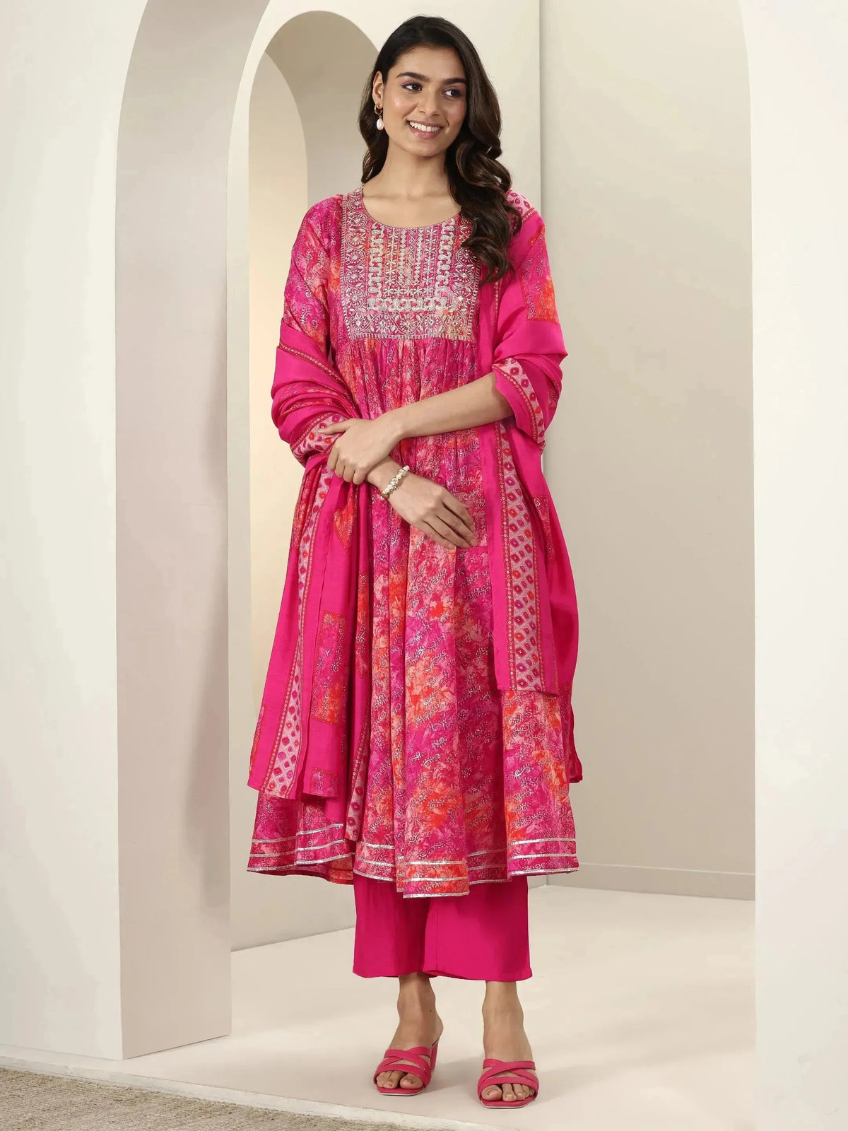 Libas Pink Printed Silk Blend Anarkali Suit Sets With Dupatta