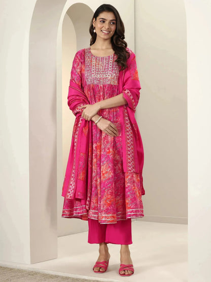 Libas Pink Printed Silk Blend Anarkali Suit Sets With Dupatta