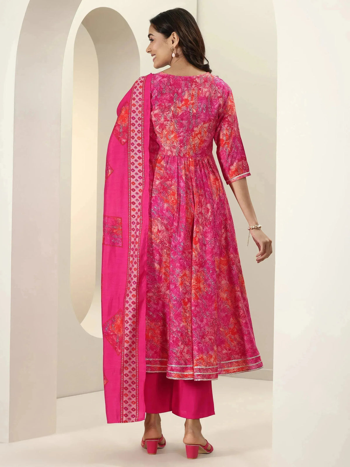 Libas Pink Printed Silk Blend Anarkali Suit Sets With Dupatta