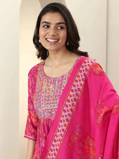 Libas Pink Printed Silk Blend Anarkali Suit Sets With Dupatta