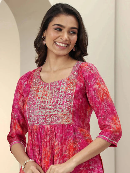 Libas Pink Printed Silk Blend Anarkali Suit Sets With Dupatta