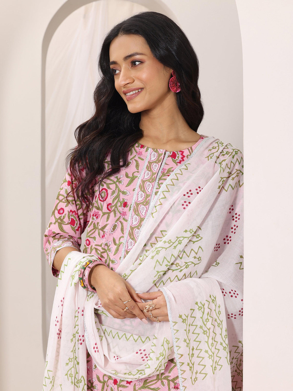 Libas Peach Printed Cotton Straight Suit Set With Dupatta