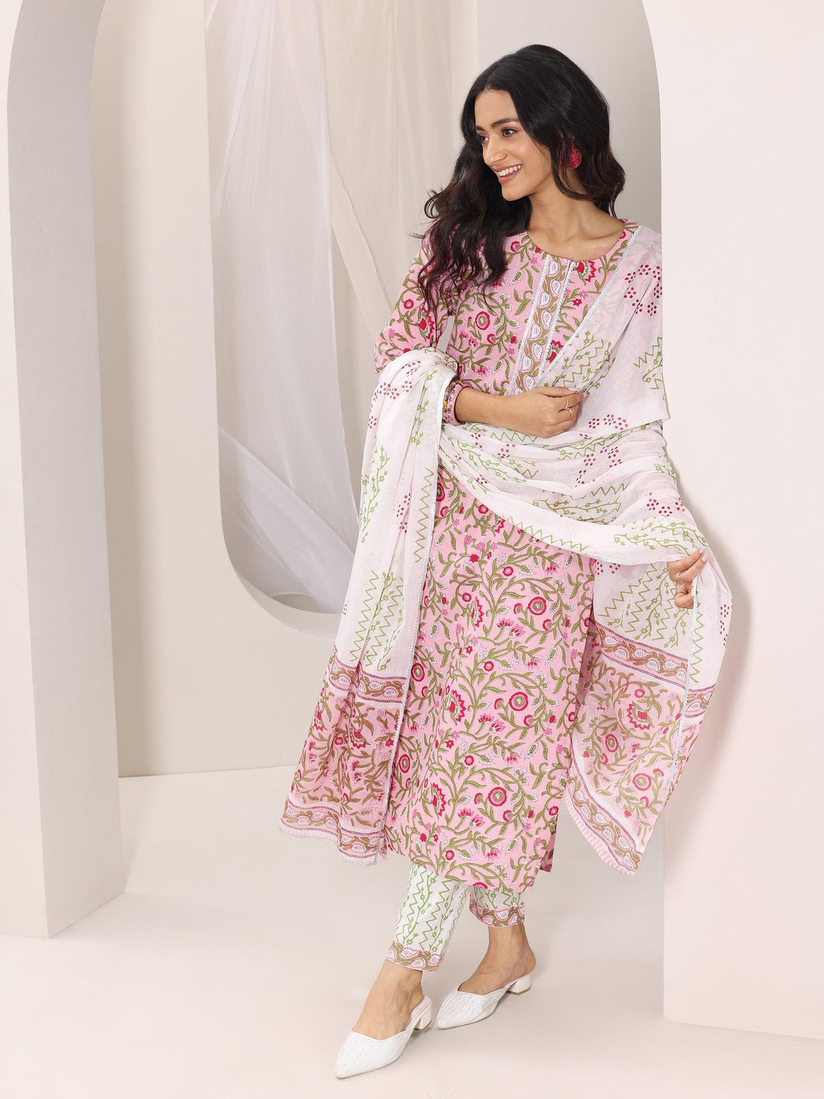 Libas Peach Printed Cotton Straight Suit Set With Dupatta