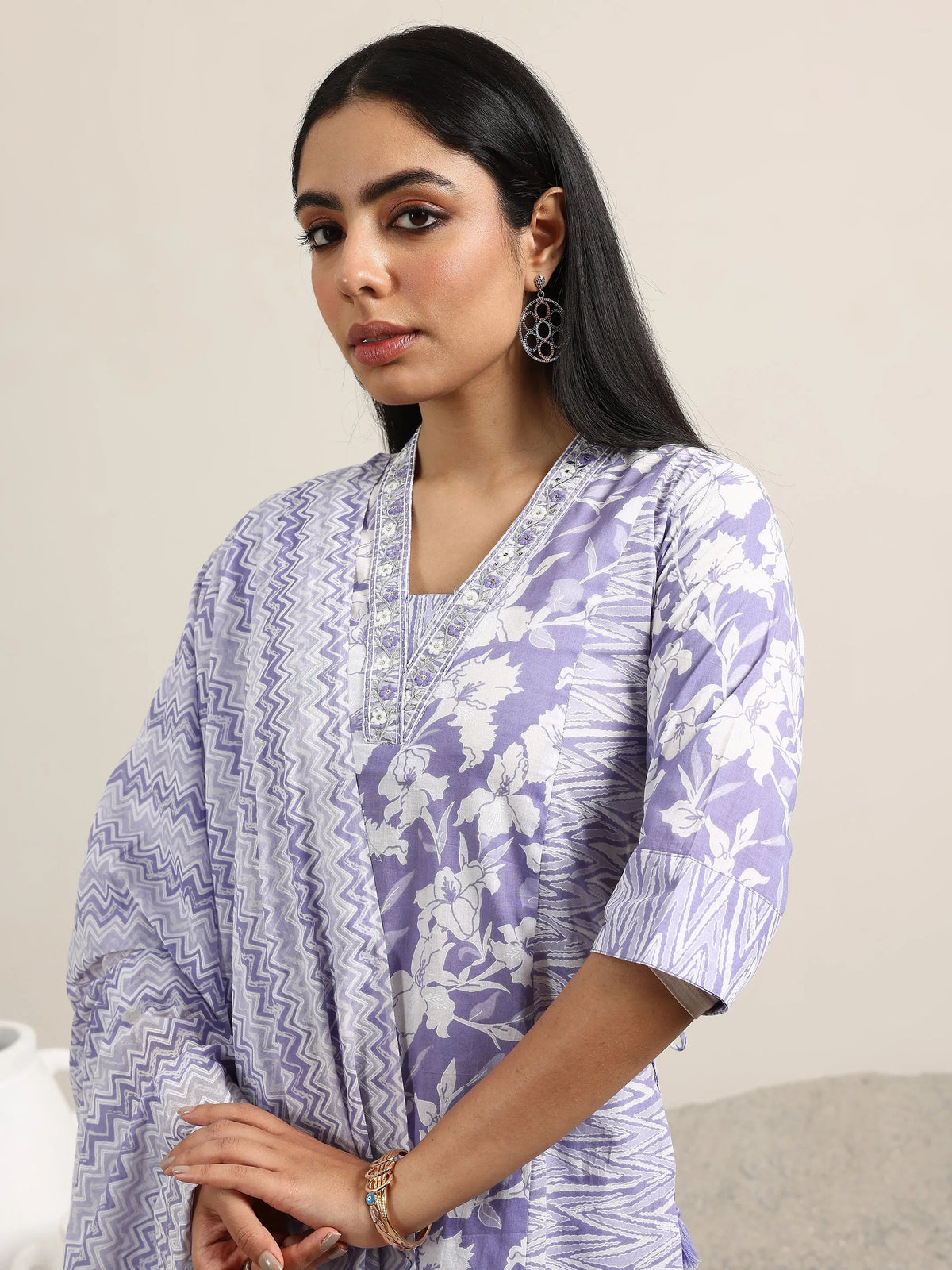Libas Lavender Printed Cotton Straight Suit With Dupatta