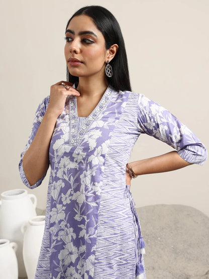 Libas Lavender Printed Cotton Straight Suit With Dupatta