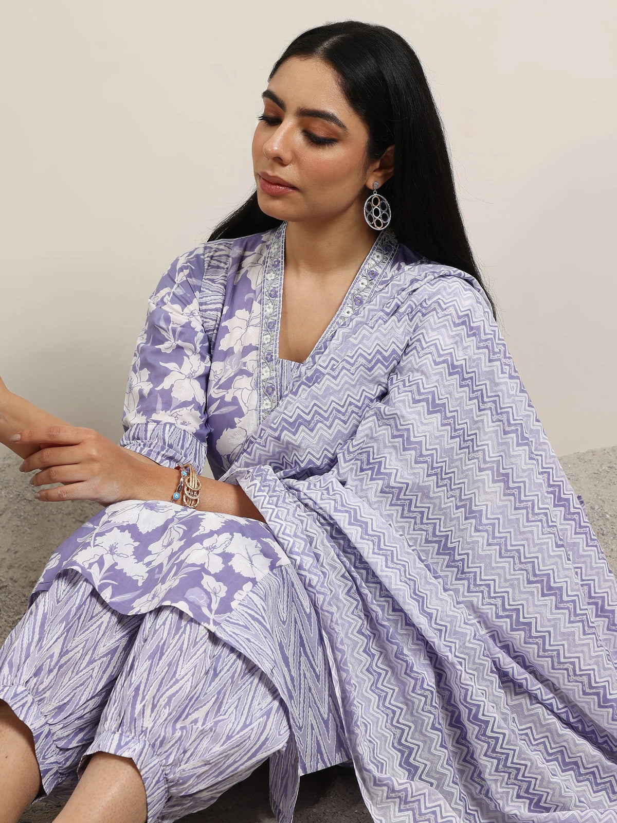Libas Lavender Printed Cotton Straight Suit With Dupatta