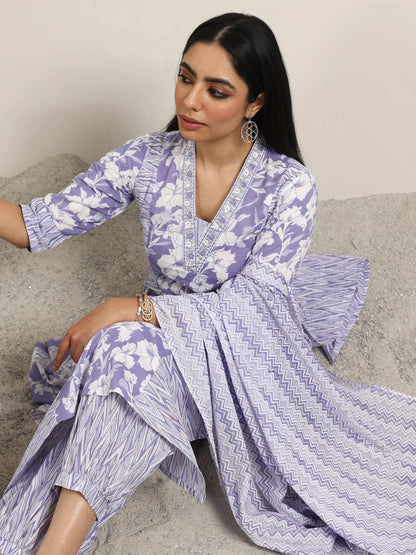 Libas Lavender Printed Cotton Straight Suit With Dupatta