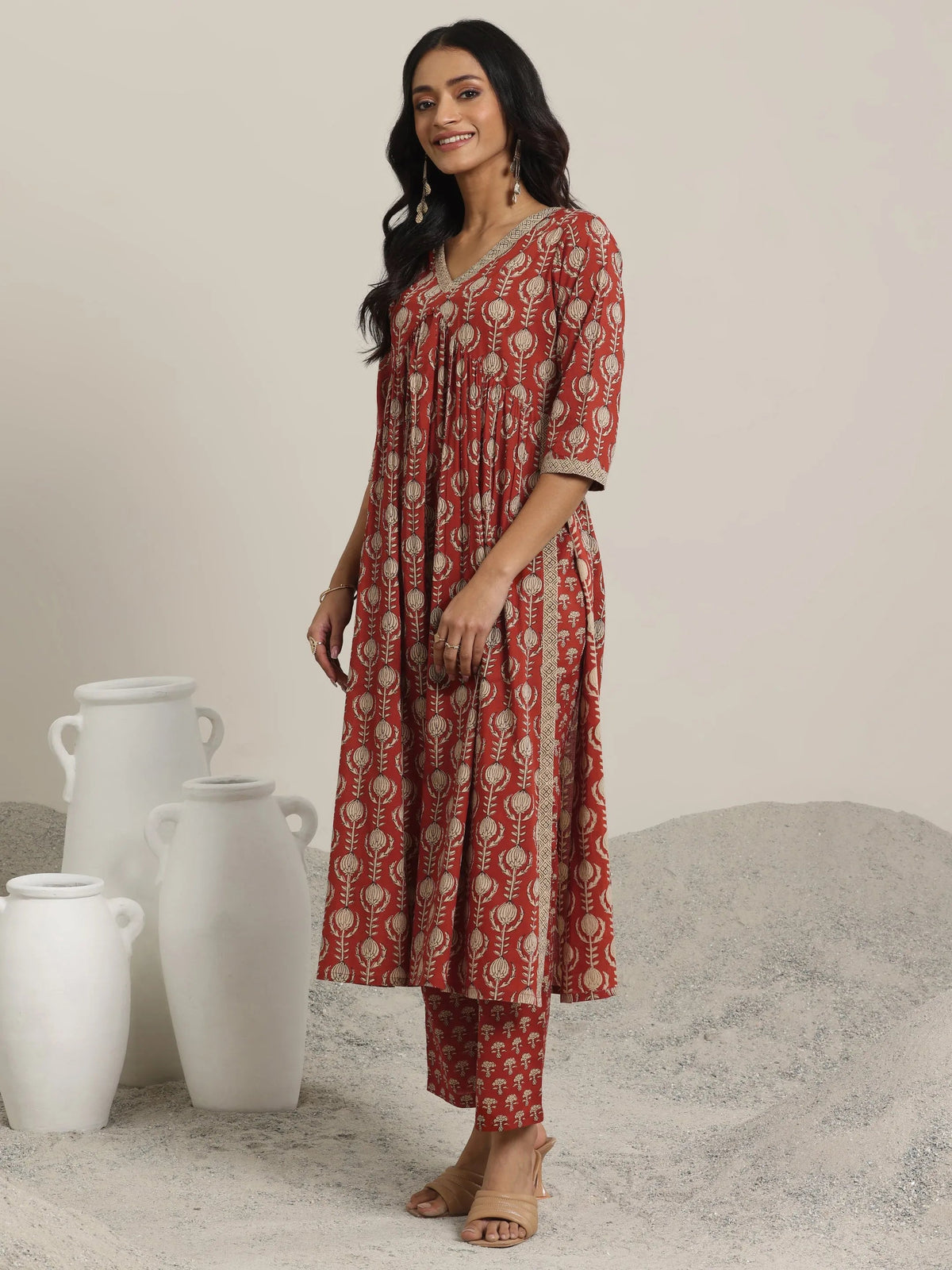 Libas Maroon Printed Cotton A-Line Kurta Set