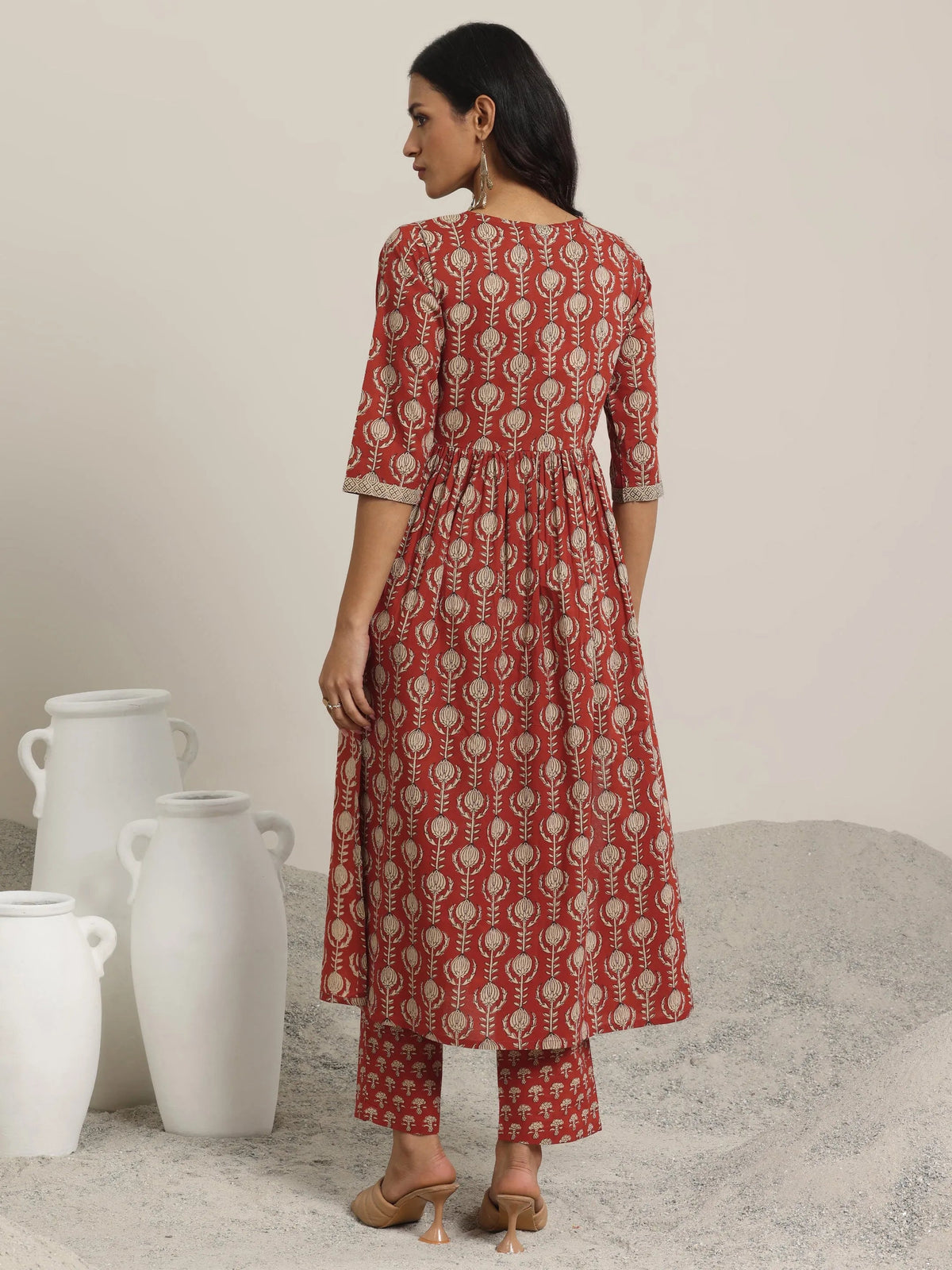 Libas Maroon Printed Cotton A-Line Kurta Set
