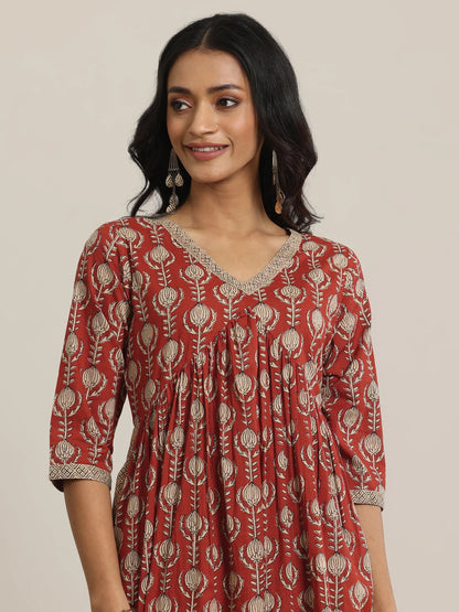 Libas Maroon Printed Cotton A-Line Kurta Set
