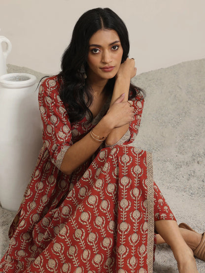 Libas Maroon Printed Cotton A-Line Kurta Set