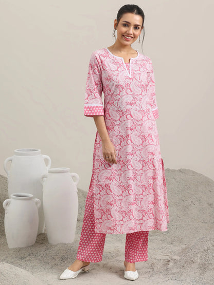 Libas Pink Printed Cotton Straight Kurta With Trousers