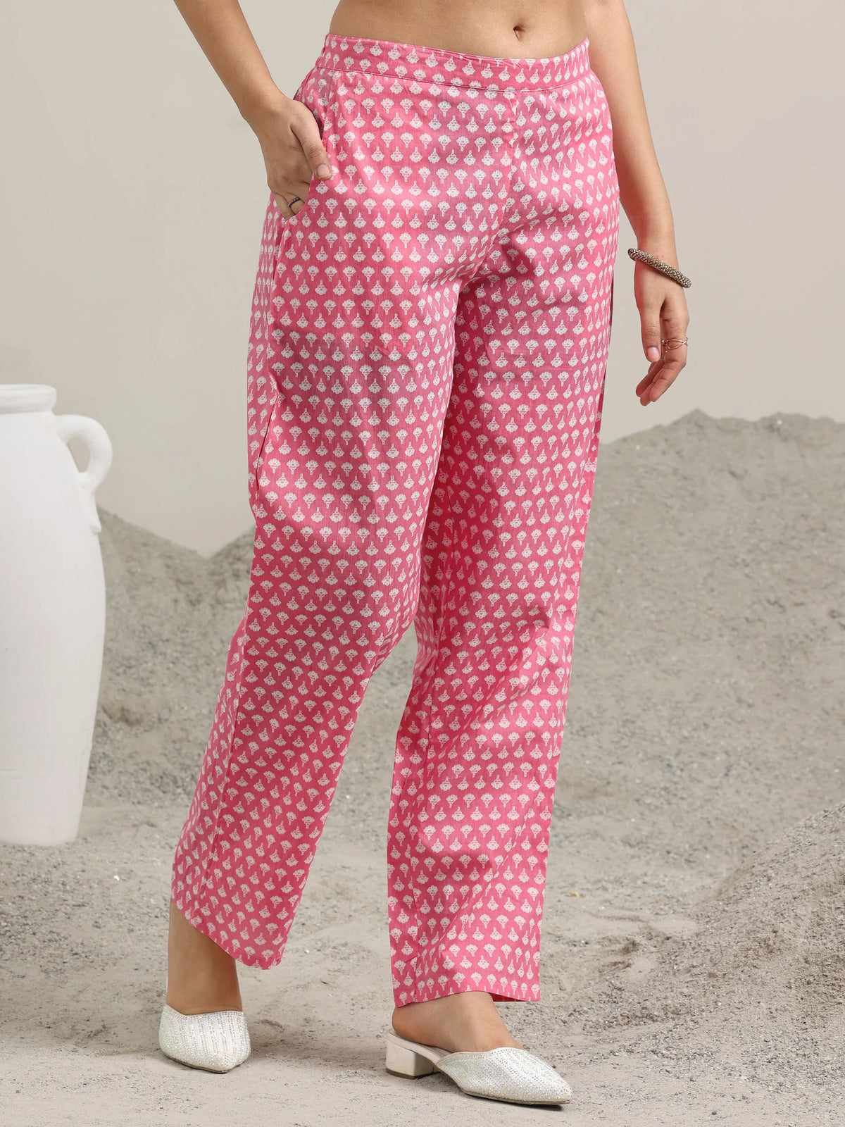 Libas Pink Printed Cotton Straight Kurta With Trousers