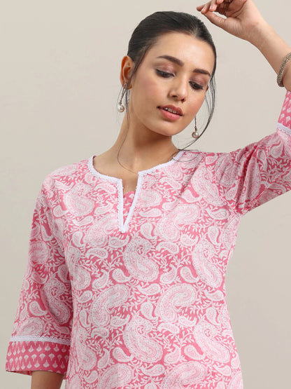 Libas Pink Printed Cotton Straight Kurta With Trousers