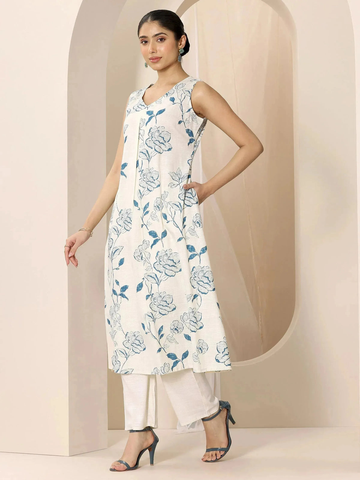Libas Off white Printed Silk Blend A-Line Kurta Set