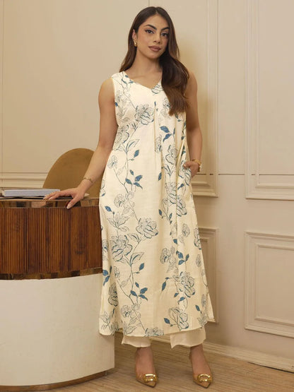 Libas Off white Printed Silk Blend A-Line Kurta Set