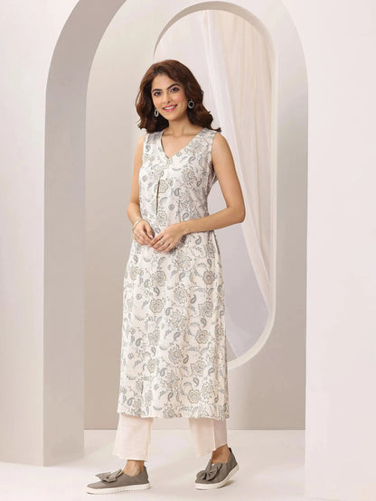 Libas Off white Printed Silk Blend A-Line Kurta Set