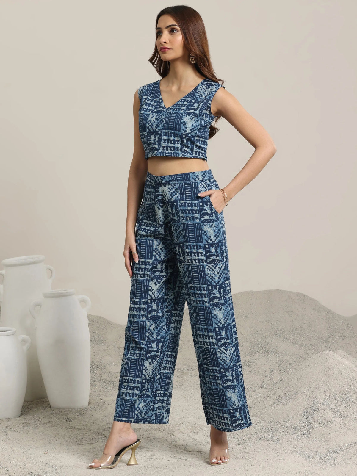 Libas Indigo Printed Cotton 3 Piece Co-Ord Sets With jacket