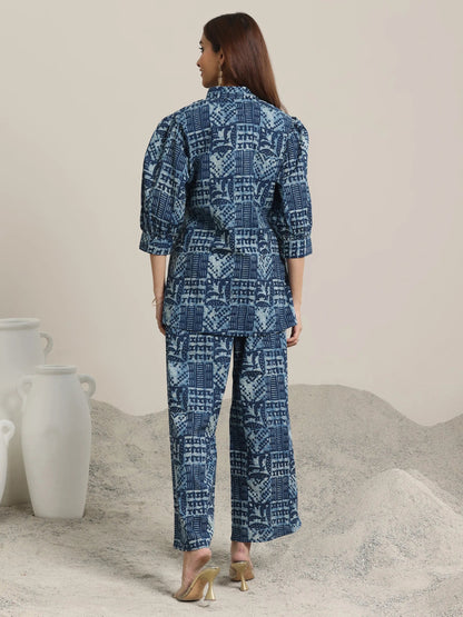 Libas Indigo Printed Cotton 3 Piece Co-Ord Sets With jacket