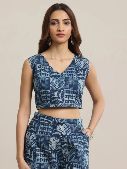 Libas Indigo Printed Cotton 3 Piece Co-Ord Sets With jacket
