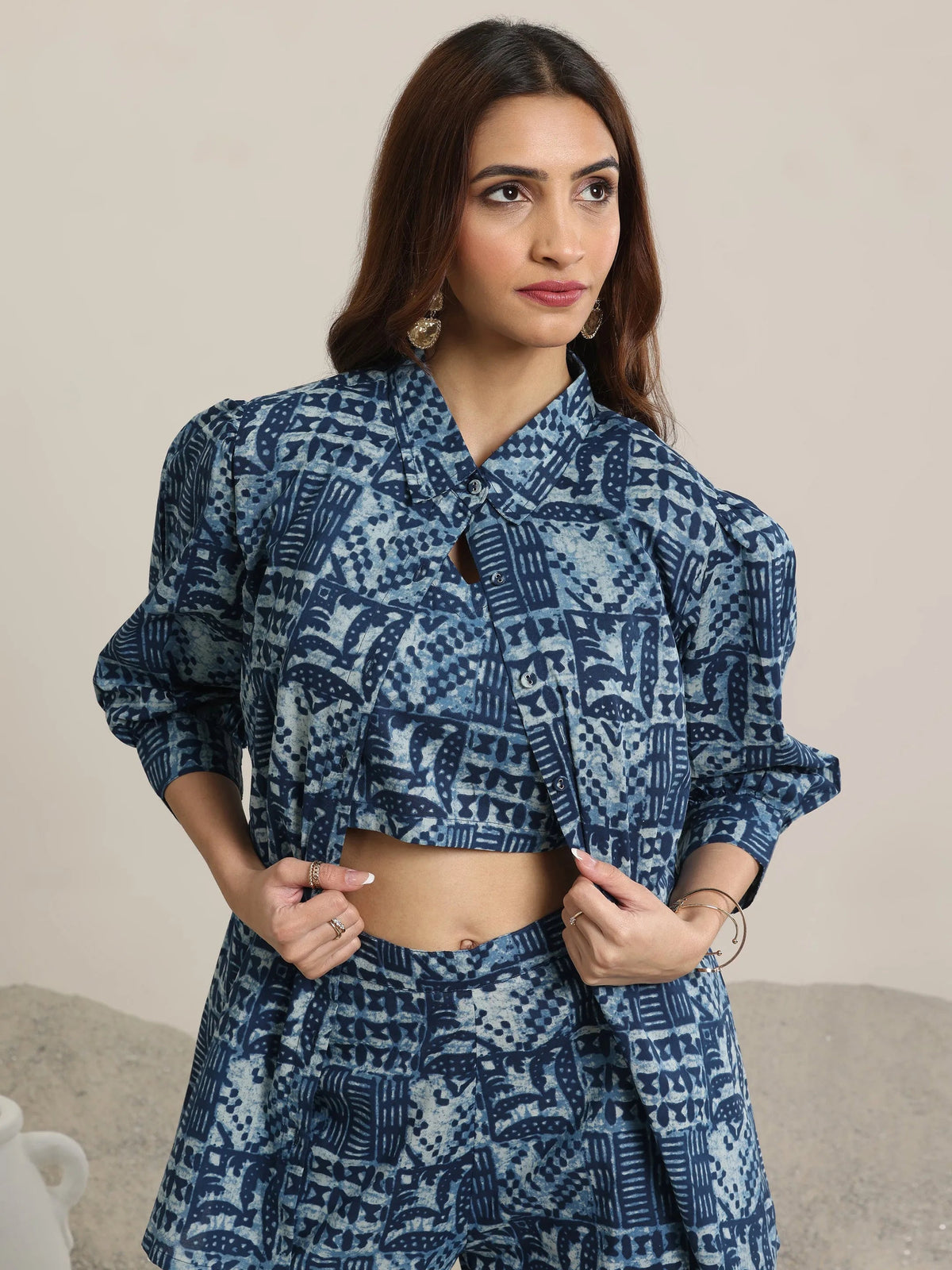 Libas Indigo Printed Cotton 3 Piece Co-Ord Sets With jacket