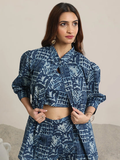 Libas Indigo Printed Cotton 3 Piece Co-Ord Sets With jacket