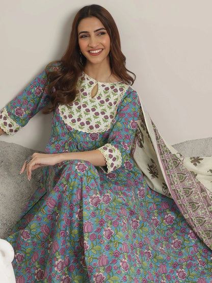 Libas Blue Printed Cotton Anarkali  Suits With Dupatta
