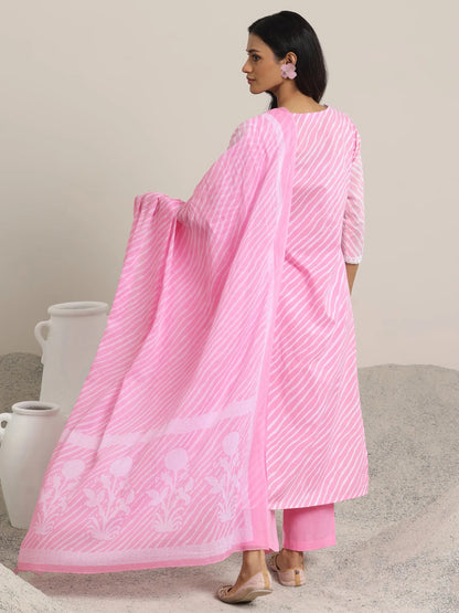 Libas Pink Printed Cotton Straight Suit Set With Dupatta